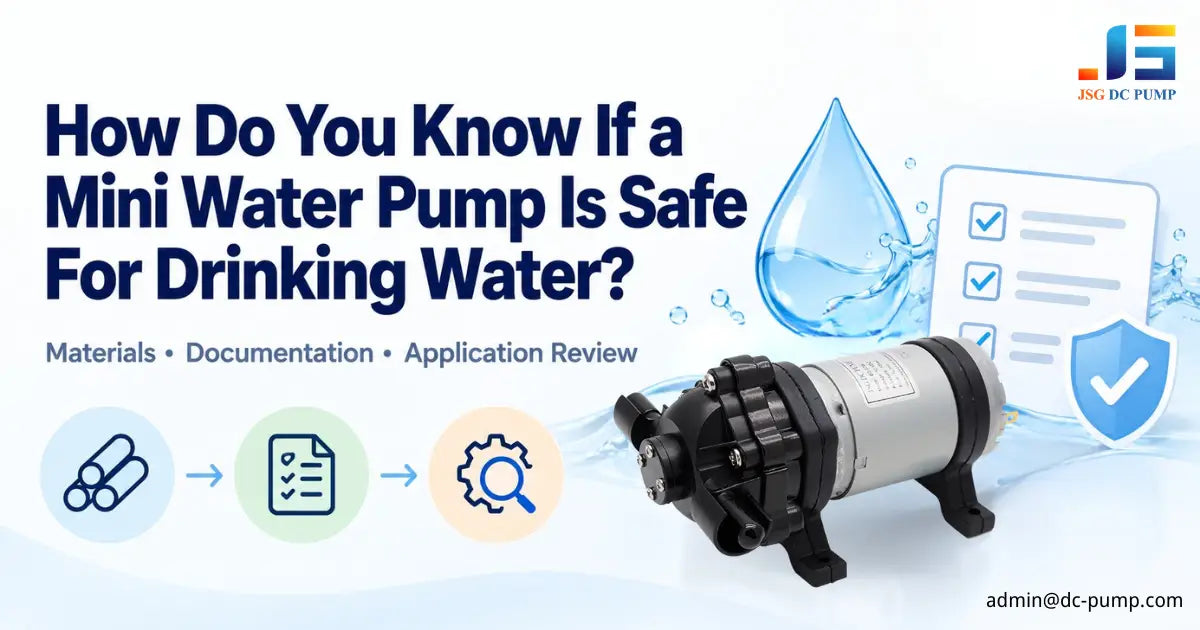   Mini water pump drinking-water safety guide with a pump, water droplet, and document review checklist.