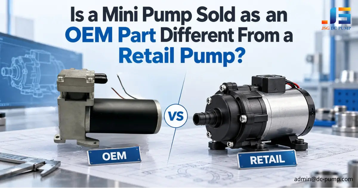 OEM and retail mini pumps displayed side by side on an engineering workbench for comparison.