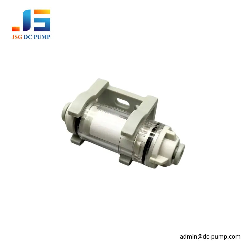 Angled view of the transparent JSG 5μm inline air filter and filter element