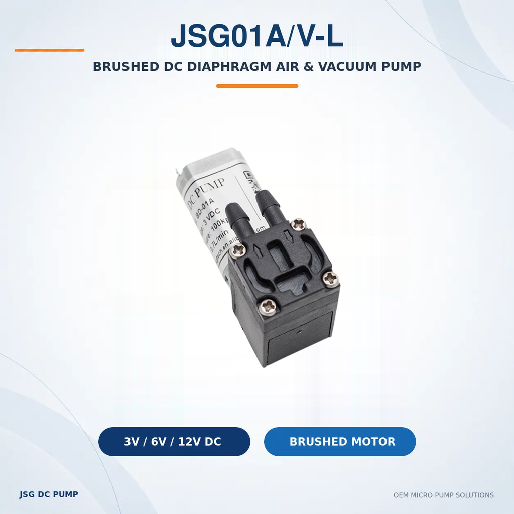 JSG01A/V-L brushed diaphragm air and vacuum pump with 3V, 6V and 12V DC options
