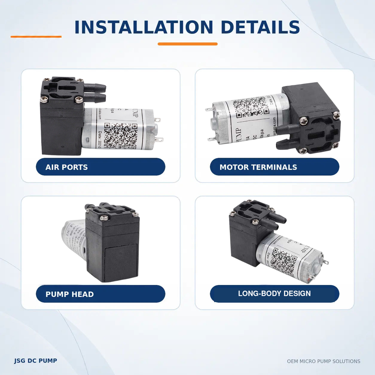 JSG01A/V-L pump air ports, motor terminals, pump head and long-body design