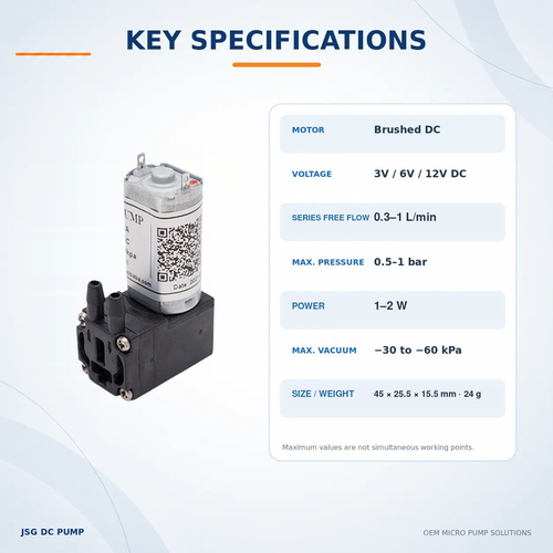 JSG01A/V-L mini DC pump specifications including voltage, flow range, pressure, vacuum, size and weight