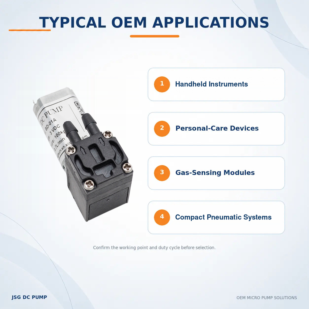 JSG01A/V-L pump applications for handheld instruments, personal-care devices, gas-sensing modules and compact pneumatic systems