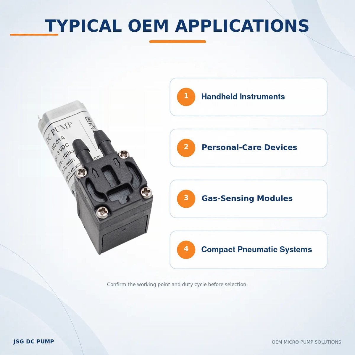 JSG01A/V-L pump applications for handheld instruments, personal-care devices, gas-sensing modules and compact pneumatic systems