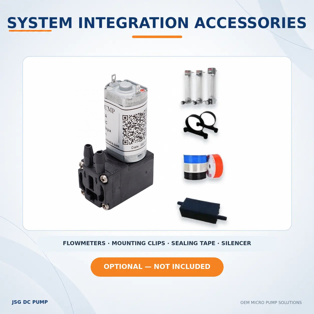 JSG01A/V-L pump with optional flowmeters, mounting clips, sealing tape and silencer