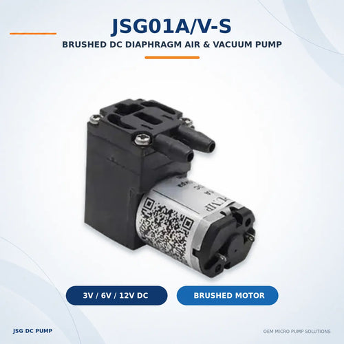 JSG01A/V-S brushed DC diaphragm air and vacuum pump in a front three-quarter view