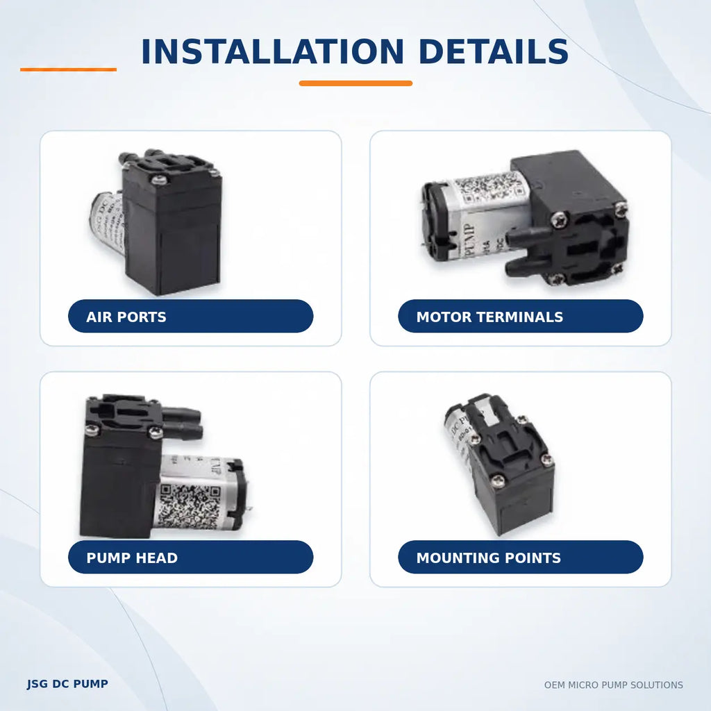 JSG01A/V-S miniature diaphragm pump air ports, motor terminals, pump head and mounting details