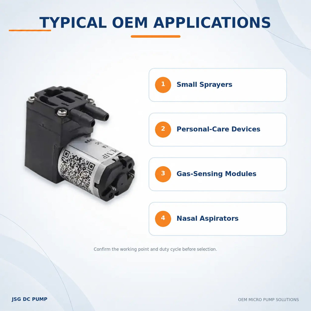 JSG01A/V-S miniature diaphragm pump applications for small sprayers, personal-care devices, gas sensing and nasal aspirators