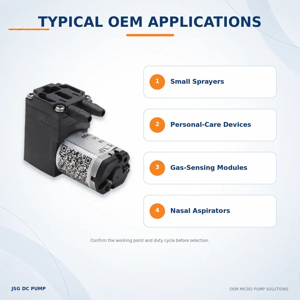 JSG01A/V-S miniature diaphragm pump applications for small sprayers, personal-care devices, gas sensing and nasal aspirators