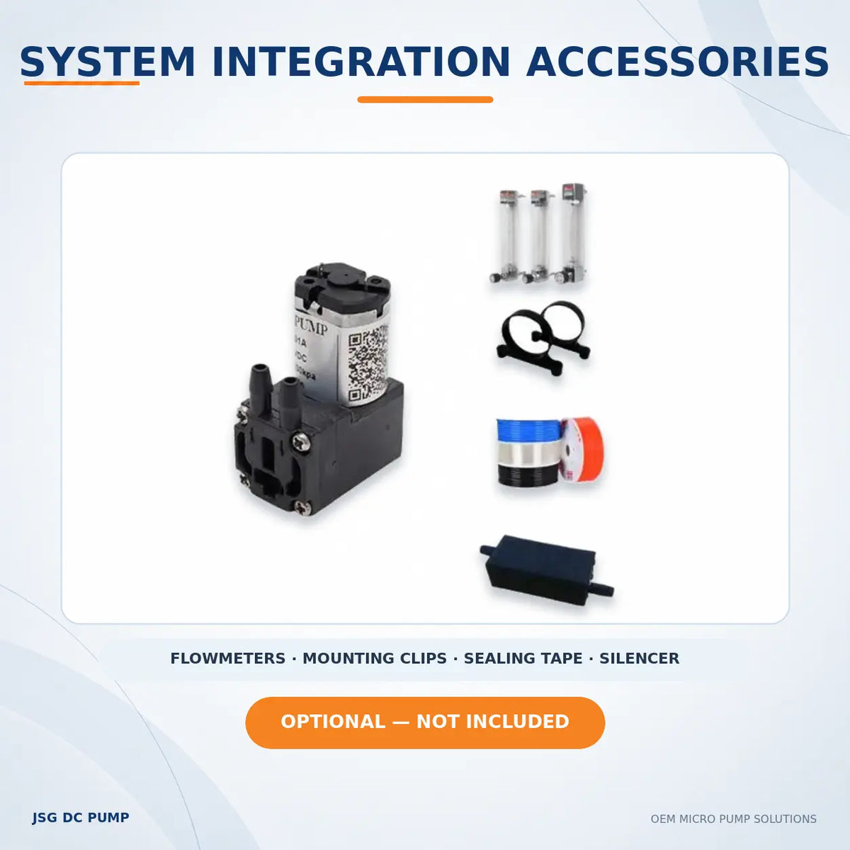 JSG01A/V-S diaphragm pump shown with optional flowmeters, mounting clips, sealing tape and silencer