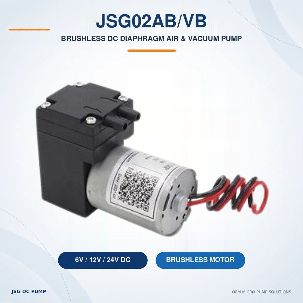 JSG02AB/VB brushless diaphragm air and vacuum pump with original product photograph and 6V, 12V and 24V options