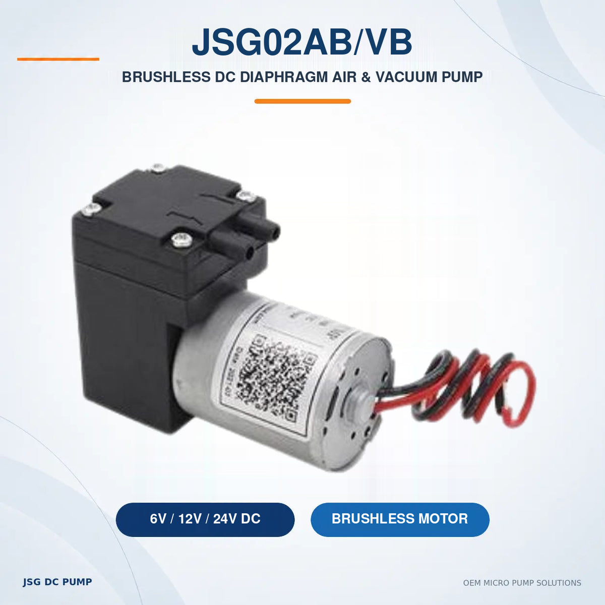 JSG02AB/VB brushless diaphragm air and vacuum pump with original product photograph and 6V, 12V and 24V options