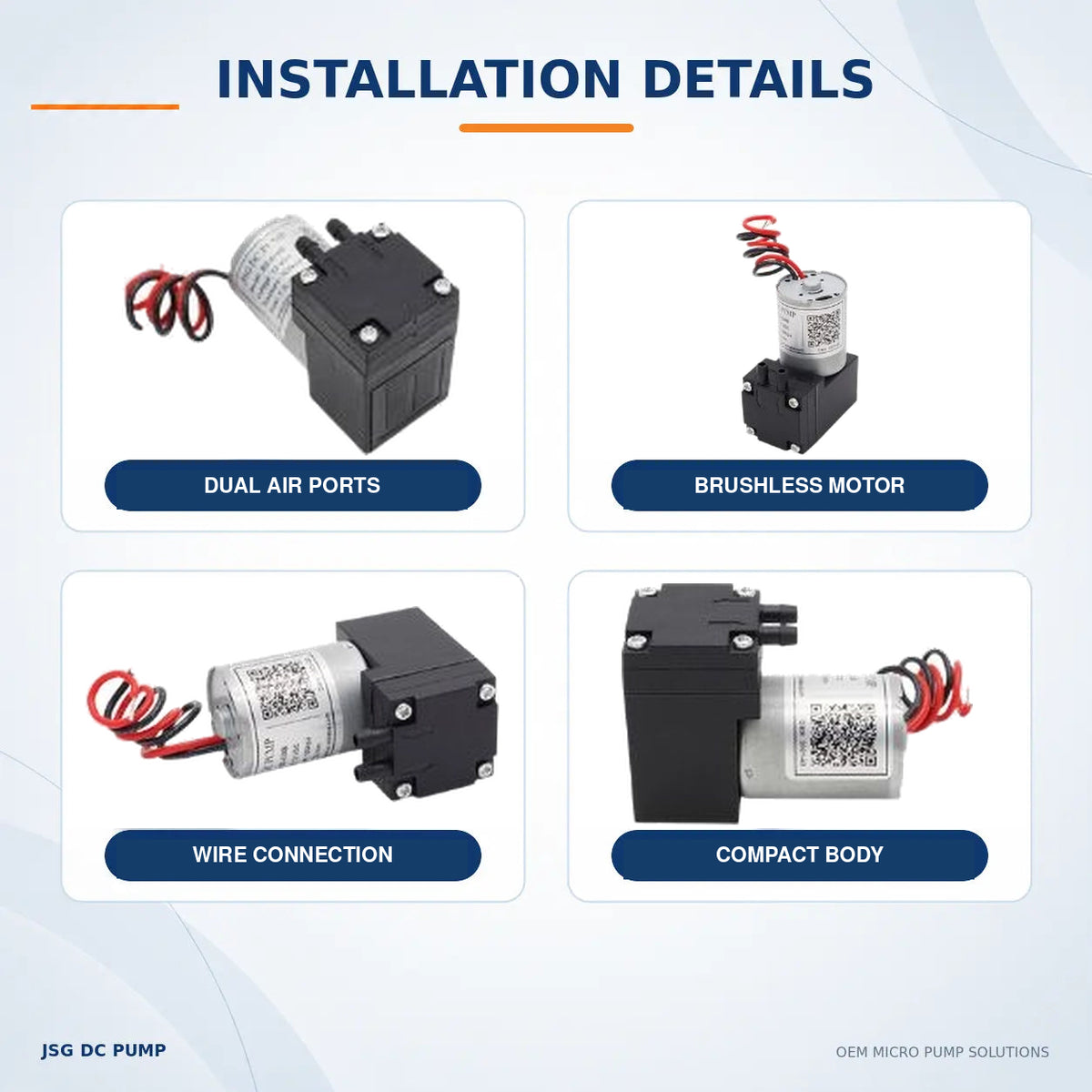Original JSG02AB/VB pump photographs showing dual air ports, brushless motor, wire connection and compact body