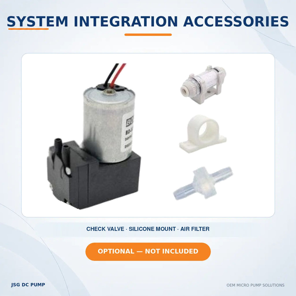 JSG02AB/VB brushless pump with optional check valve, silicone vibration mount and air filter