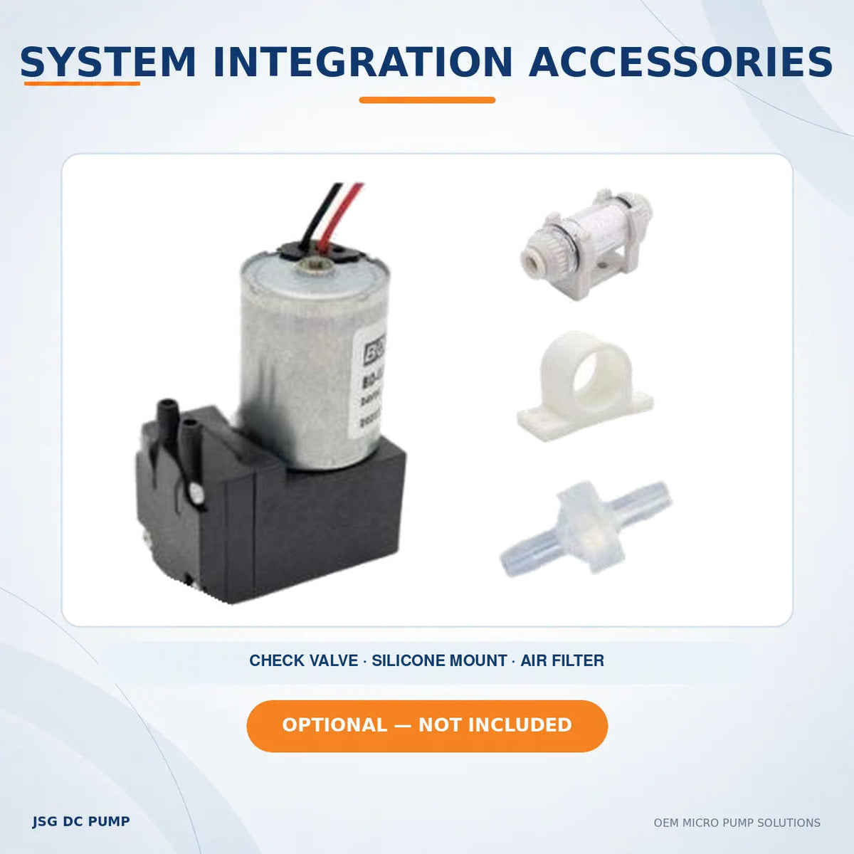 JSG02AB/VB brushless pump with optional check valve, silicone vibration mount and air filter