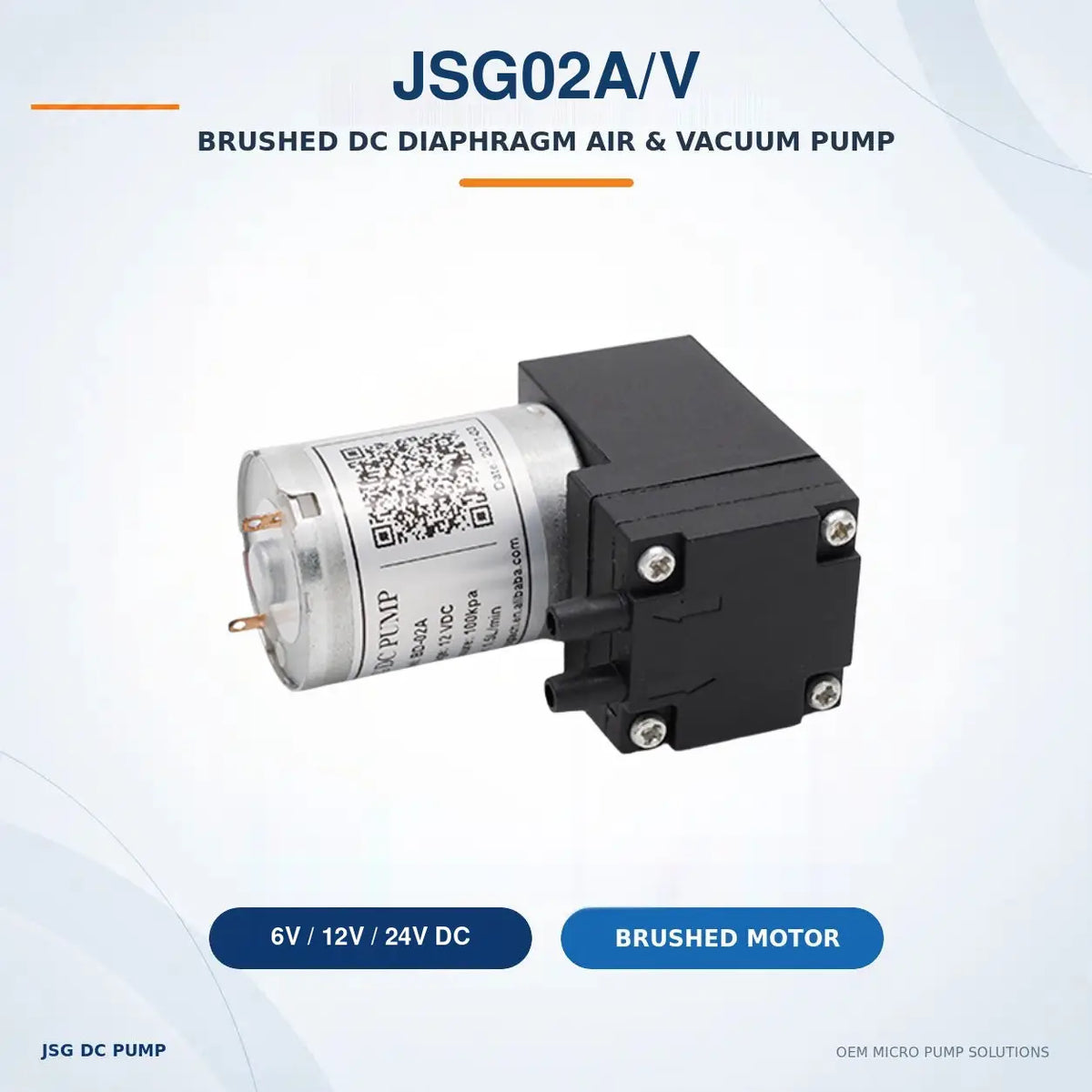 JSG02A/V brushed diaphragm air and vacuum pump with original product photograph and 6V, 12V and 24V options