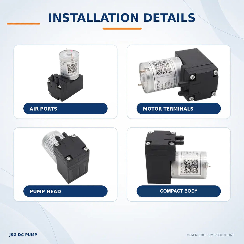 Four original JSG02A/V pump photographs showing air ports, motor terminals, pump head and compact body
