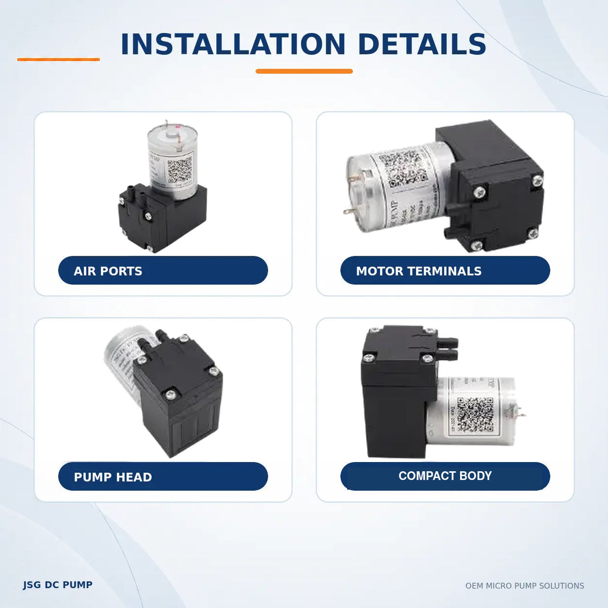 Four original JSG02A/V pump photographs showing air ports, motor terminals, pump head and compact body