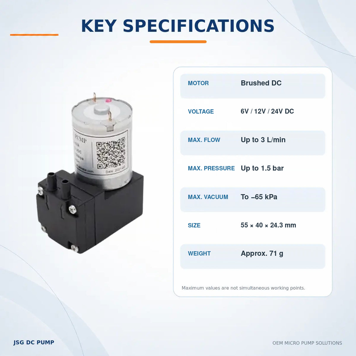 JSG02A/V pump specifications for voltage, maximum flow, pressure, vacuum, dimensions and weight