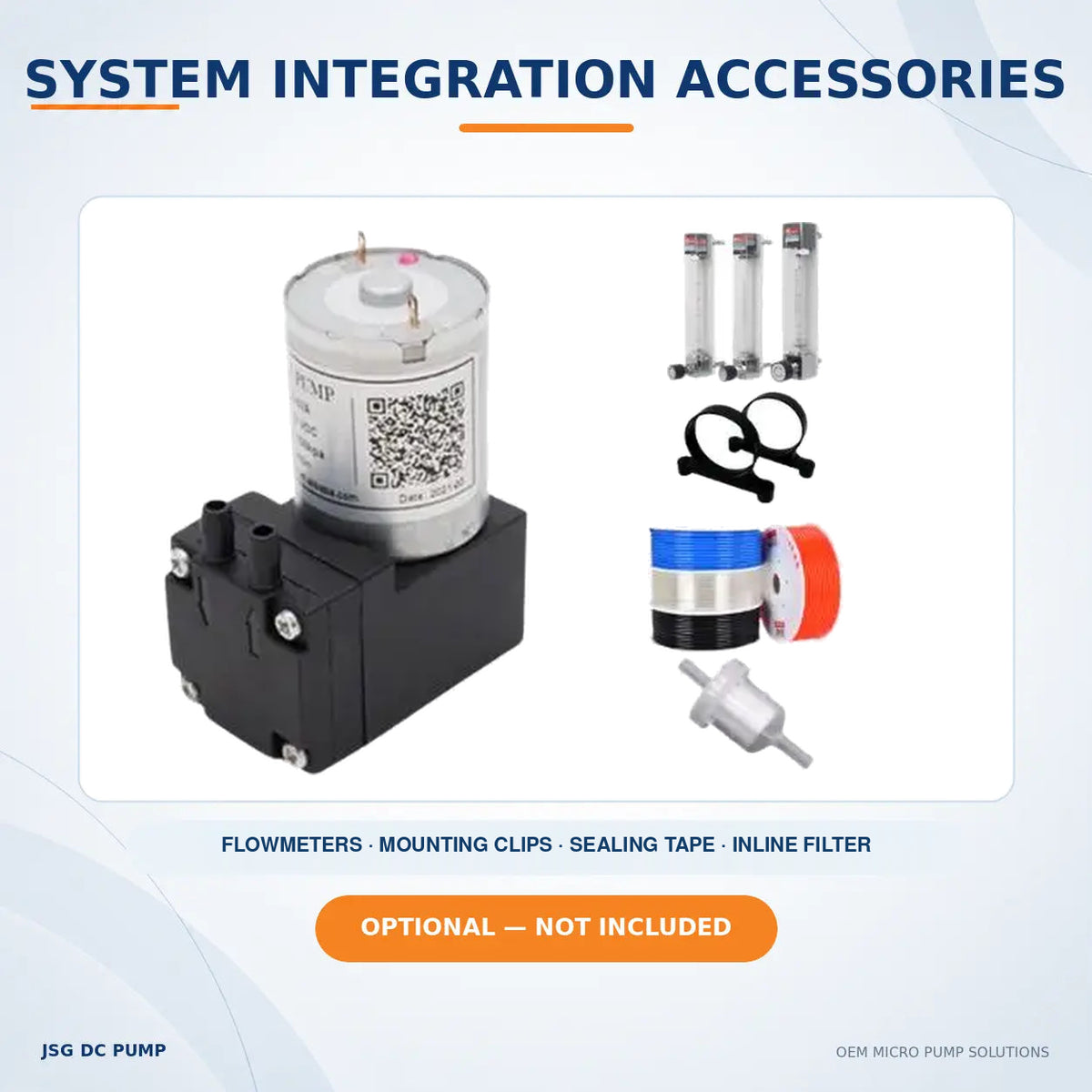 JSG02A/V pump with optional flowmeters, mounting clips, sealing tape and inline filter