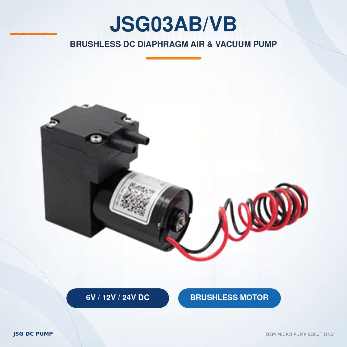 JSG03AB/VB brushless diaphragm air and vacuum pump with original product photograph and 6V, 12V and 24V options