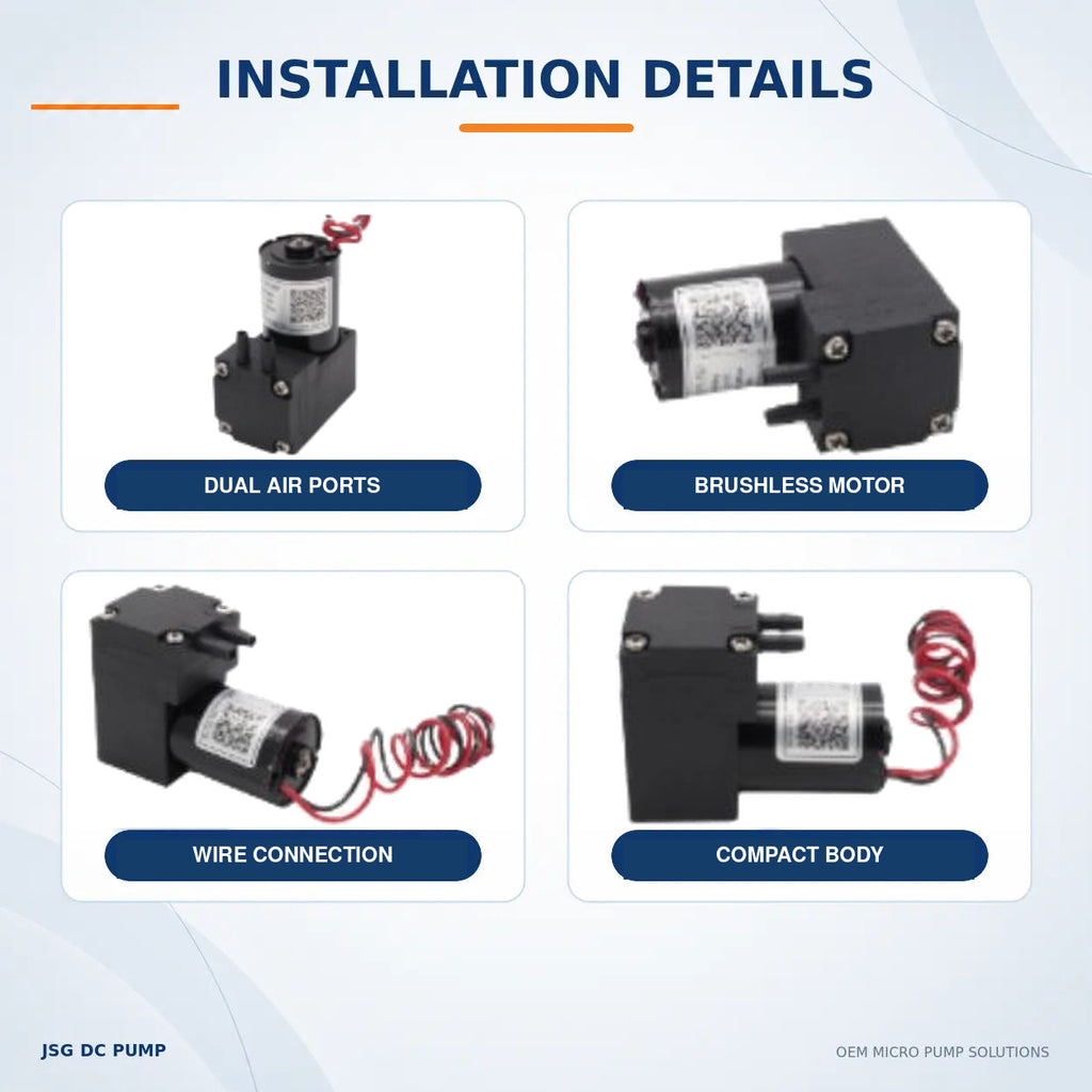 Four original JSG03AB/VB pump photographs showing dual air ports, brushless motor, wire connection and compact body