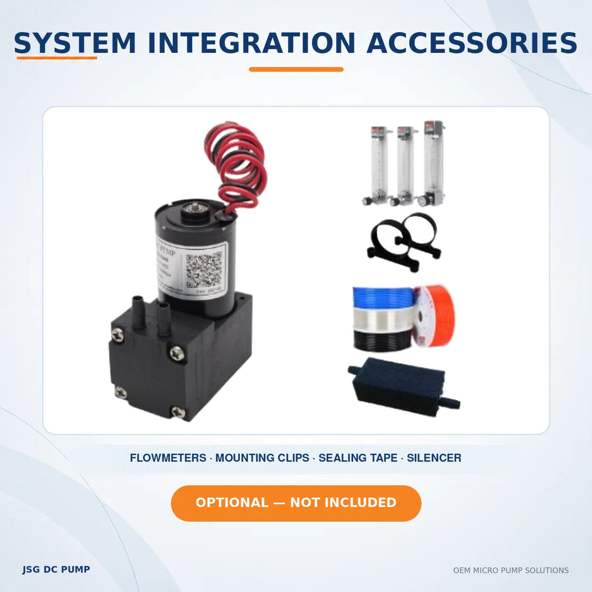 JSG03AB/VB pump with optional flowmeters, mounting clips, sealing tape and silencer