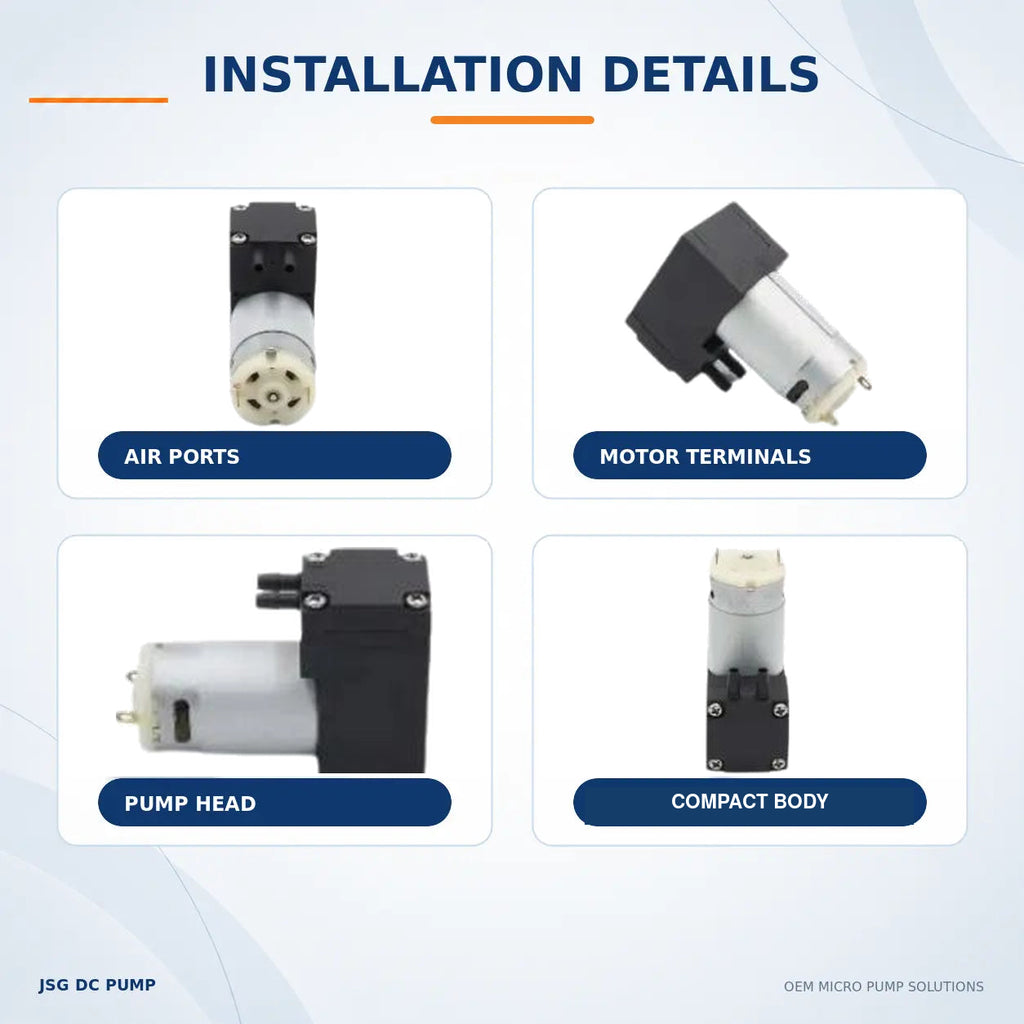 Four original JSG03A/V pump photographs showing air ports, motor terminals, pump head and compact body