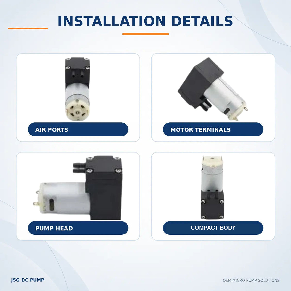 Four original JSG03A/V pump photographs showing air ports, motor terminals, pump head and compact body