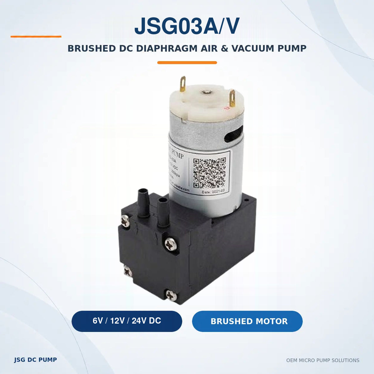 JSG03A/V compact brushed diaphragm air and vacuum pump with original product photograph and 6V, 12V and 24V voltage options