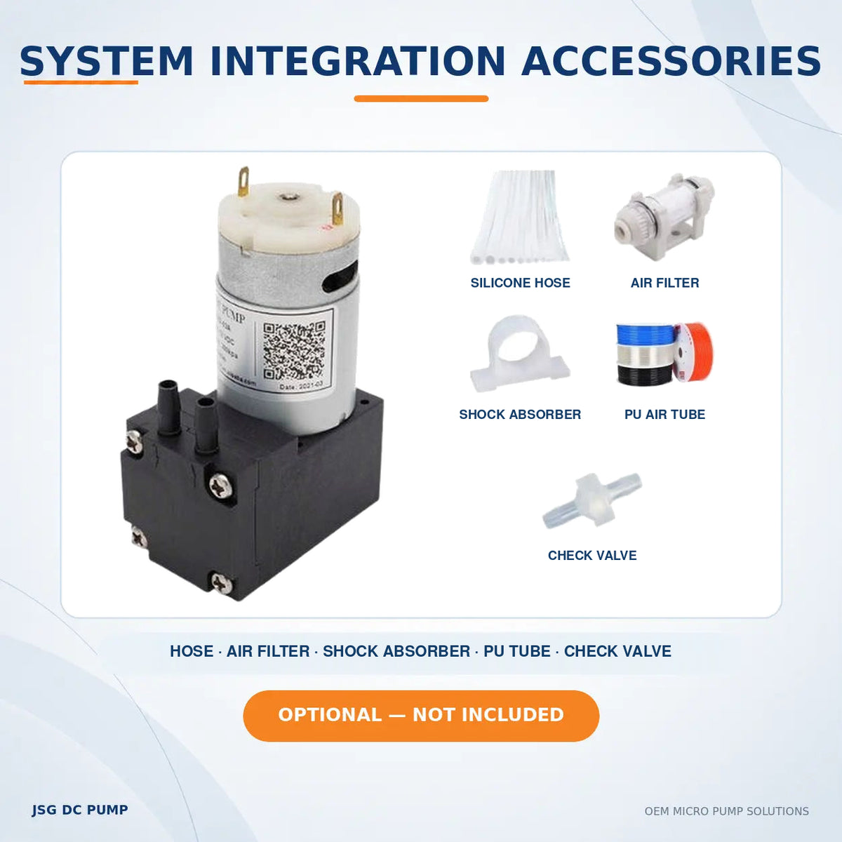 JSG03A/V pump with optional silicone hose, air filter, shock absorber, PU tubing and check valve