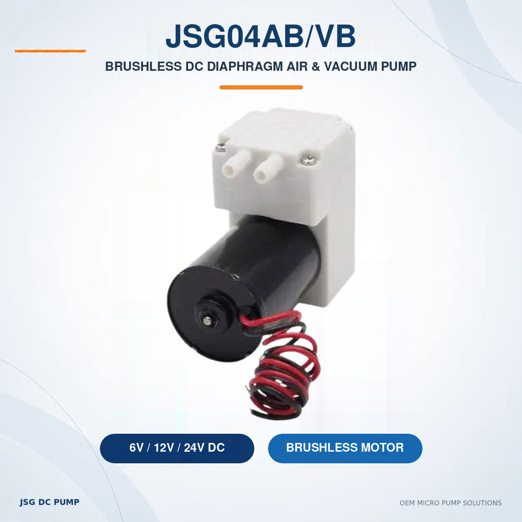 JSG04AB/VB brushless diaphragm air and vacuum pump with original product photograph and 6V, 12V and 24V options