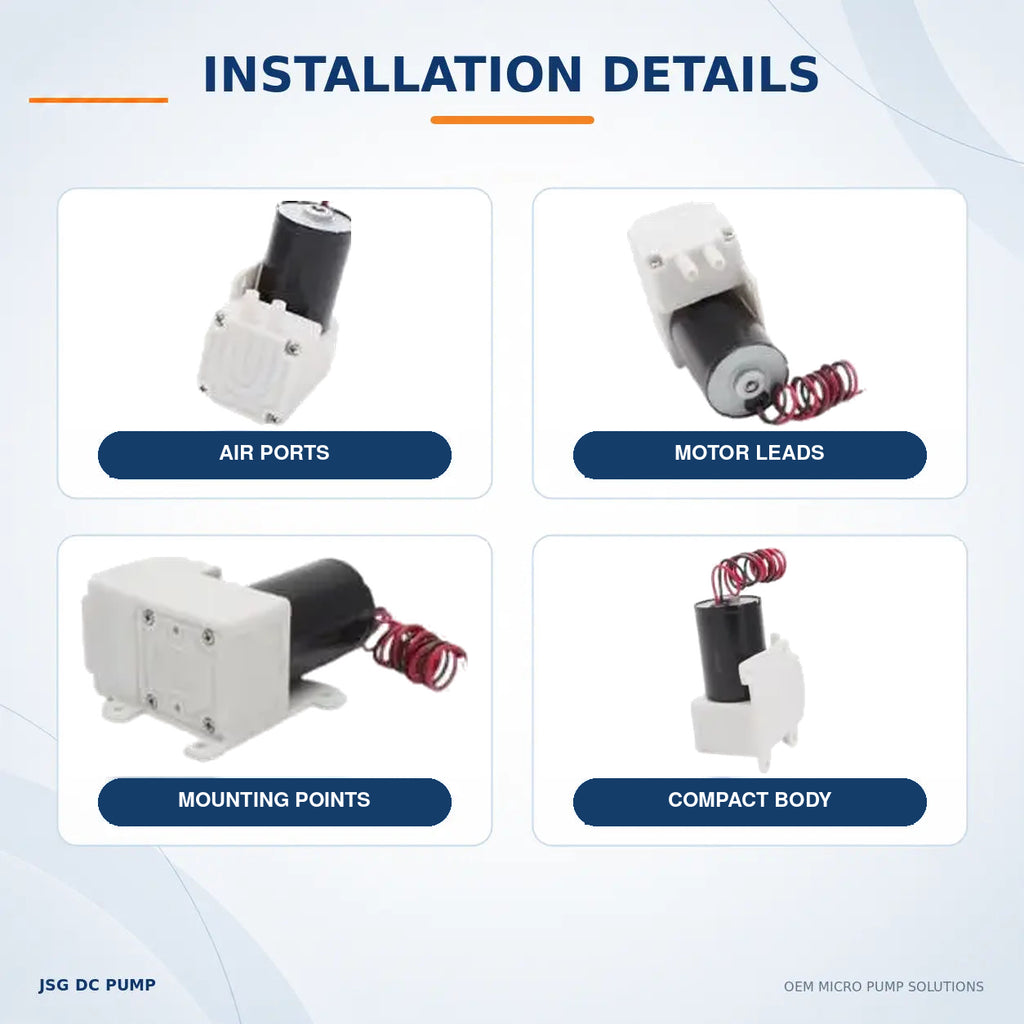 Four original JSG04AB/VB pump views showing air ports, motor leads, mounting points and compact body