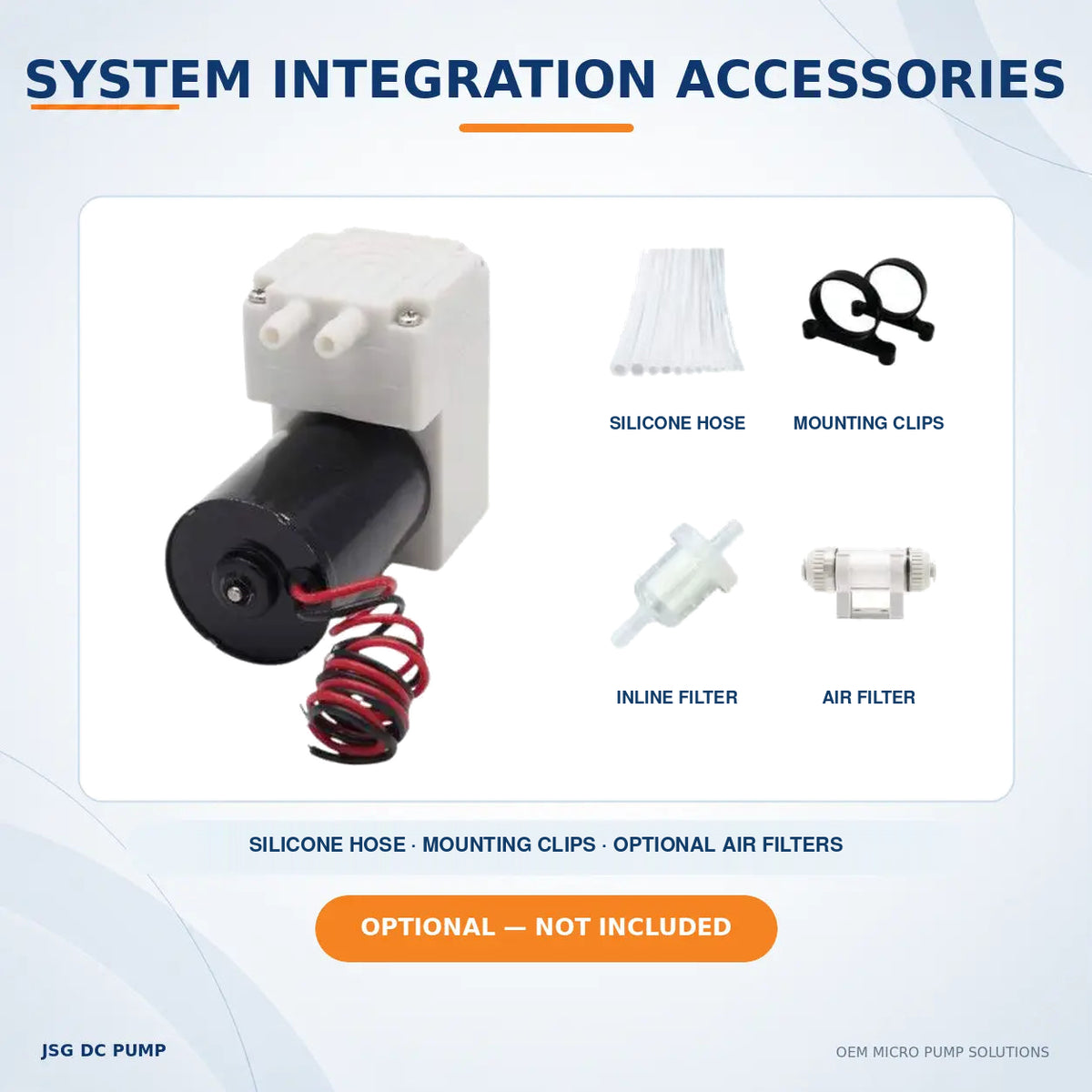 JSG04AB/VB pump with optional silicone hose, mounting clips and air filters for system integration