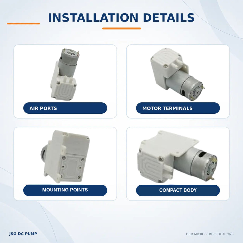 Four original JSG04A/V pump views showing air ports, motor terminals, mounting points and compact body