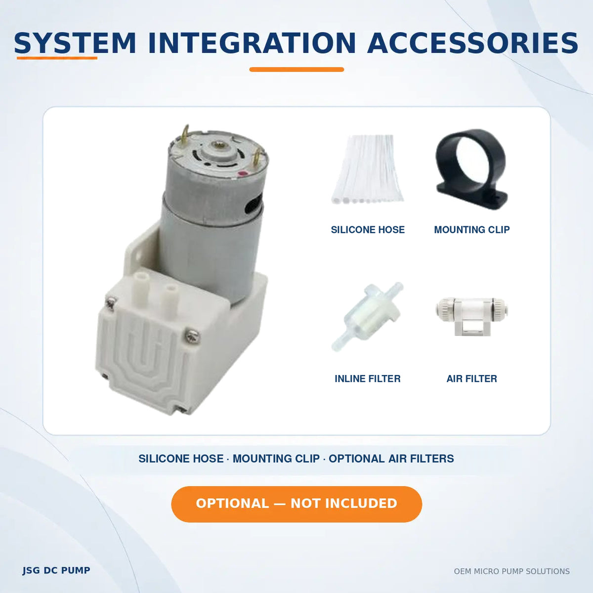 JSG04A/V pump with optional silicone hose, mounting clip and air filters for system integration