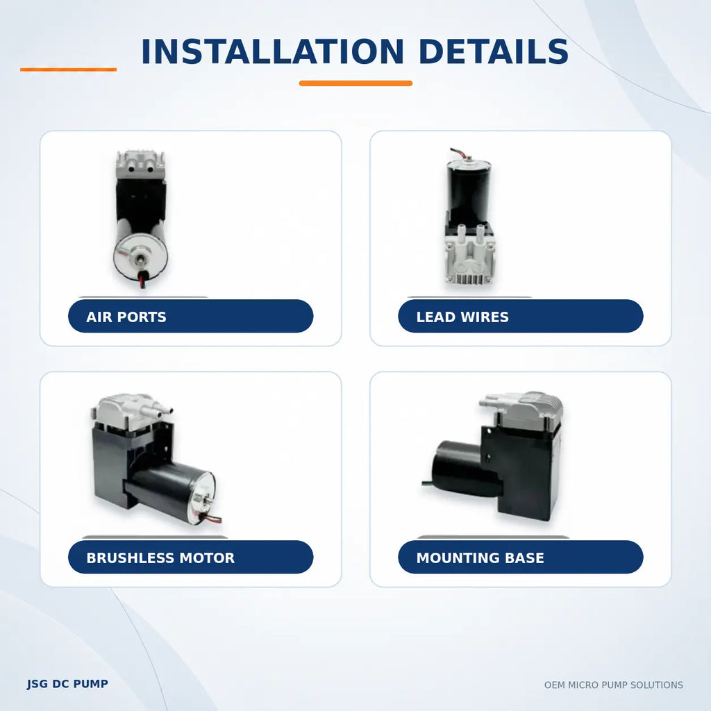 JSG07 brushless piston pump air ports, lead wires, motor and mounting-base details