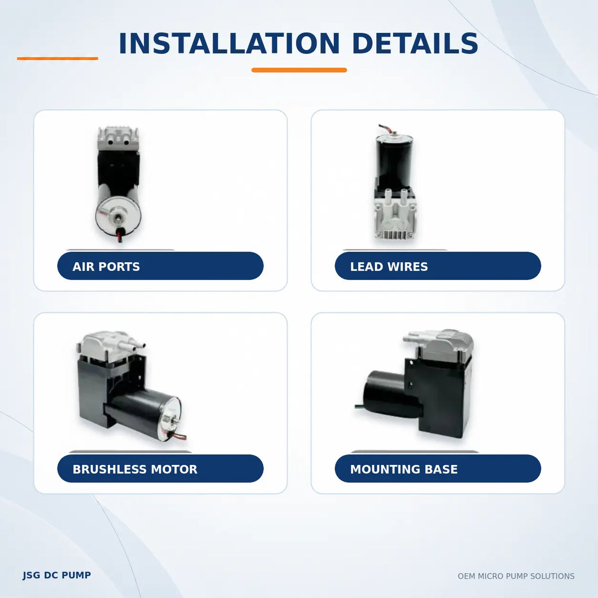 JSG07 brushless piston pump air ports, lead wires, motor and mounting-base details