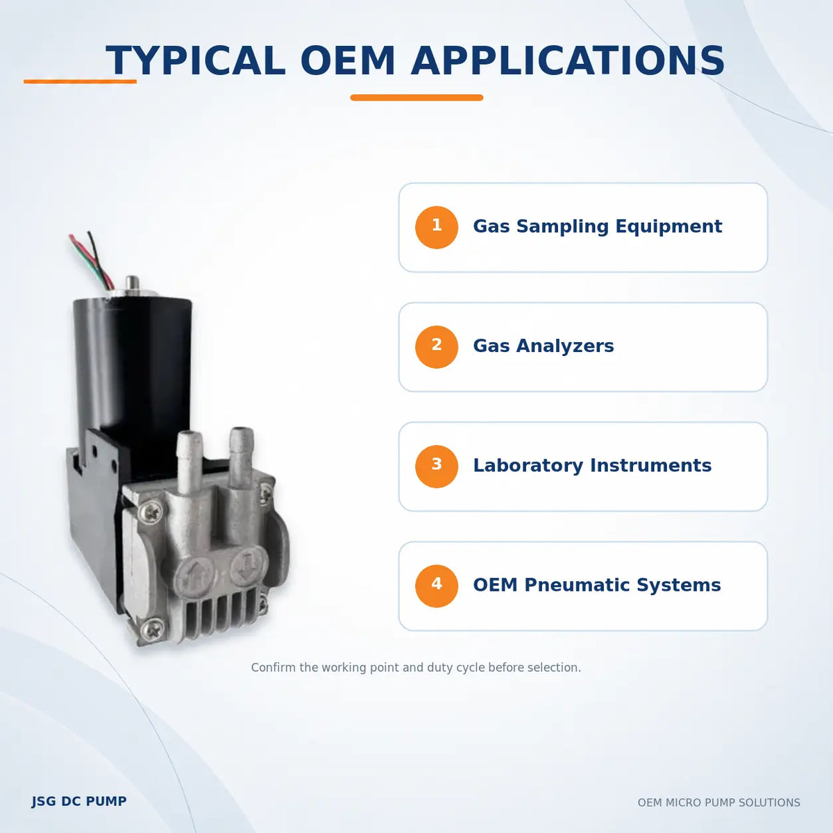 JSG07 brushless piston pump applications for gas sampling, laboratory and pneumatic equipment