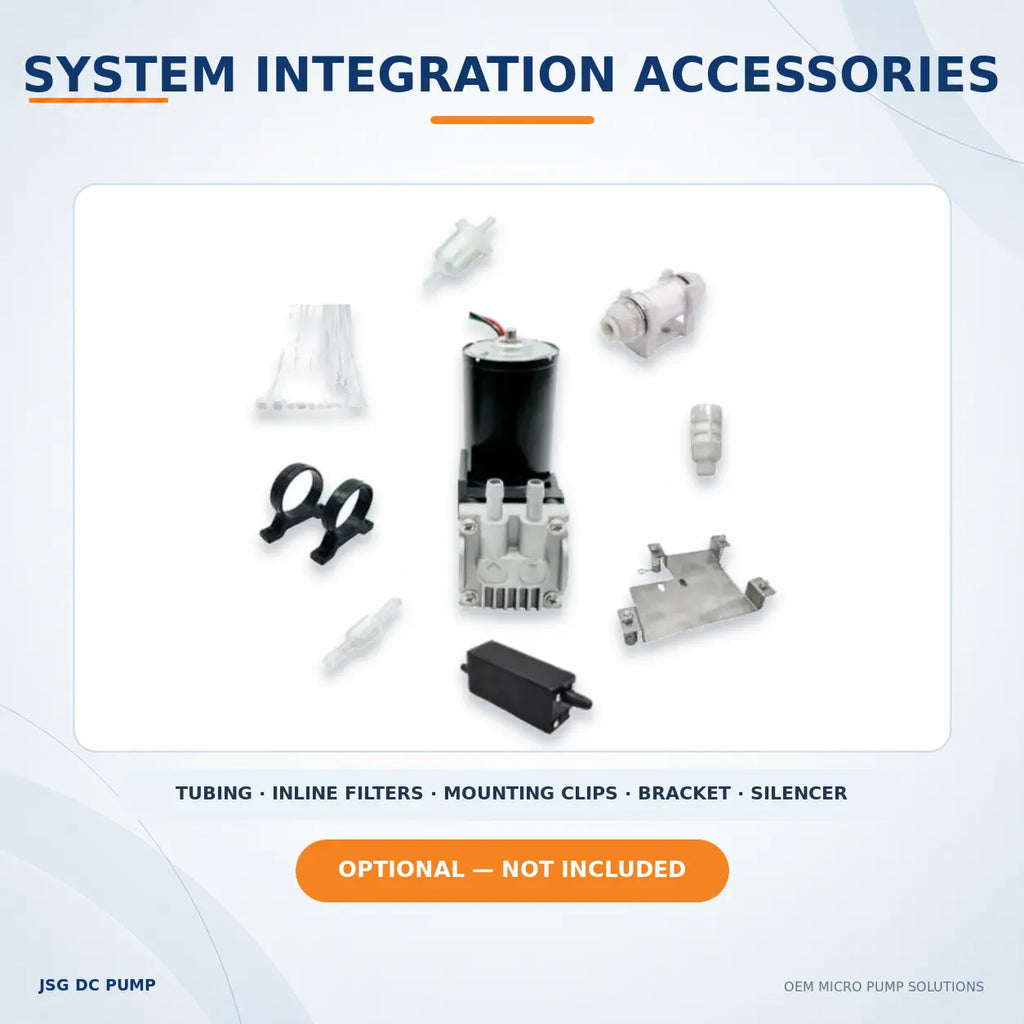 JSG07 brushless piston pump shown with optional tubing, filters, mounting clips, bracket and silencer