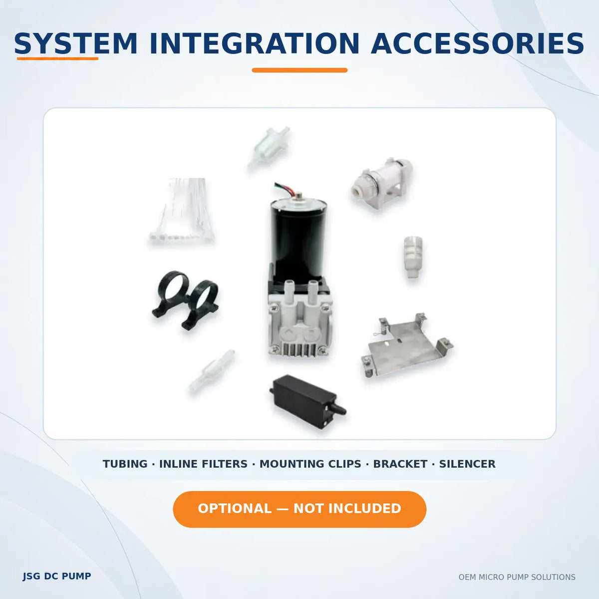 JSG07 brushless piston pump shown with optional tubing, filters, mounting clips, bracket and silencer