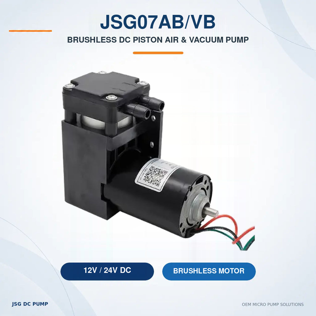 JSG07AB/VB standard brushless mini piston air and vacuum pump with original product photograph and 12V or 24V options