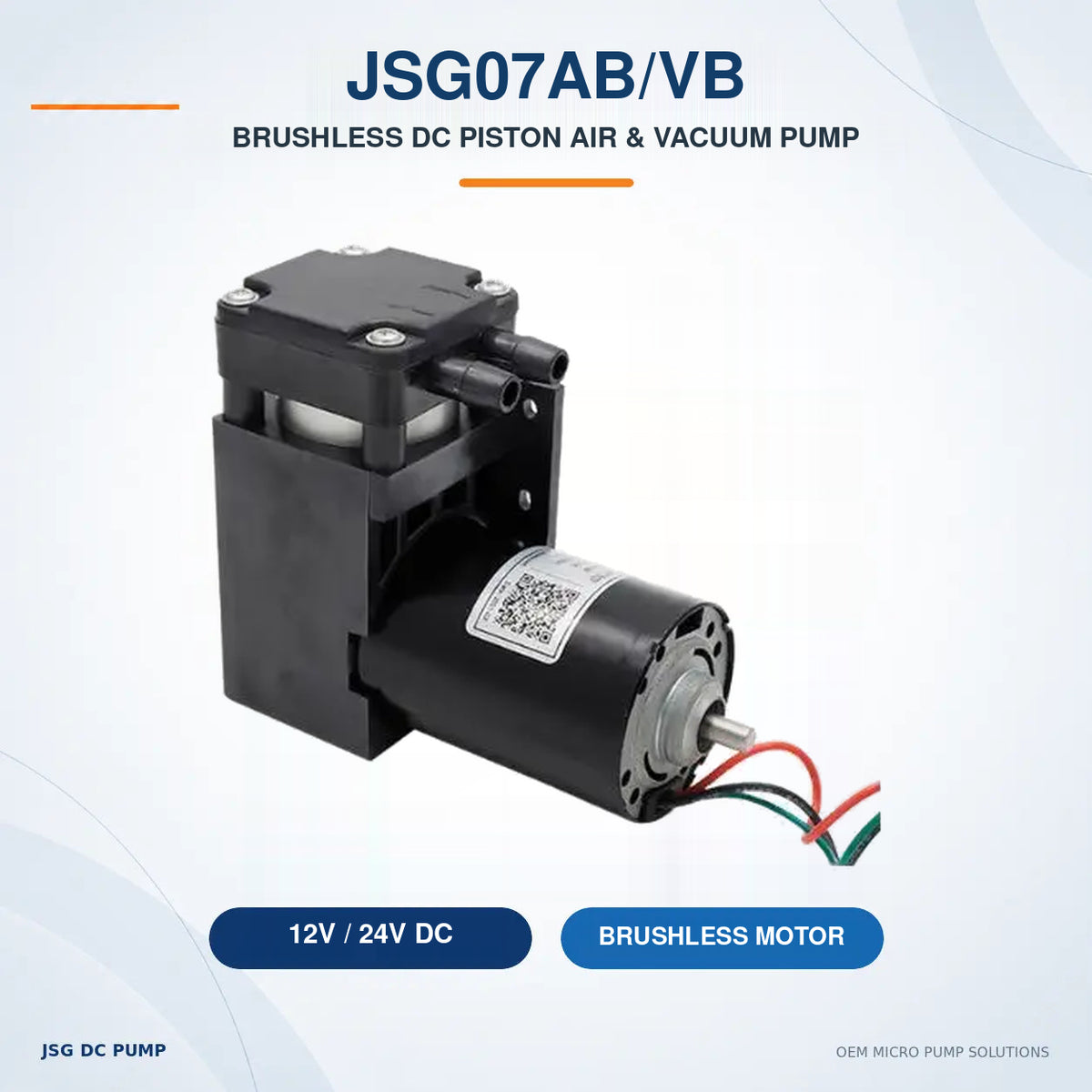 JSG07AB/VB standard brushless mini piston air and vacuum pump with original product photograph and 12V or 24V options
