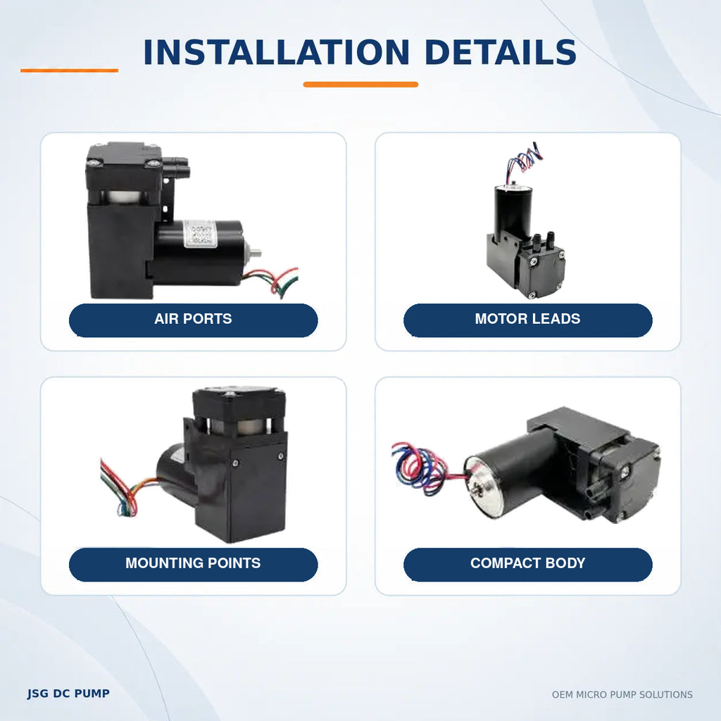 Four original JSG07AB/VB piston pump photographs showing air ports, motor leads, mounting points and compact body