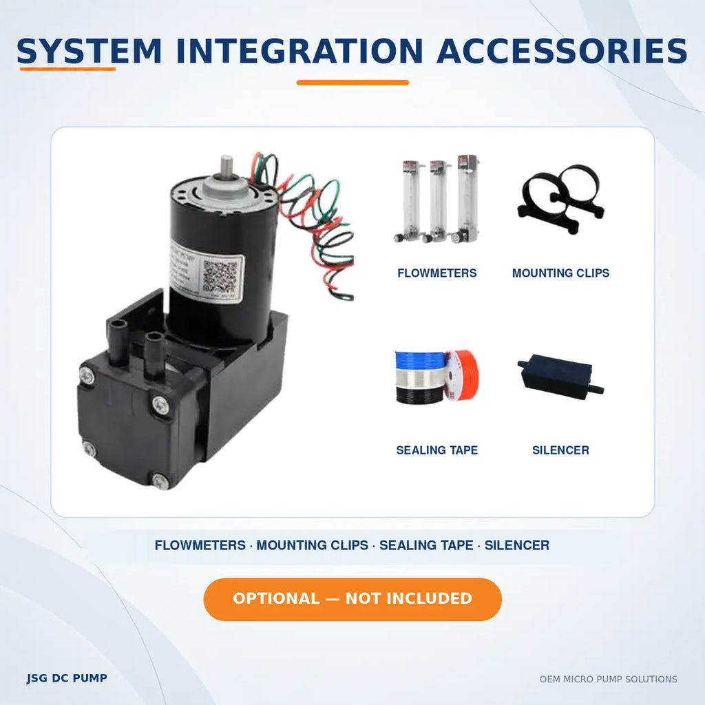 JSG07AB/VB piston pump with optional flowmeters, mounting clips, sealing tape and silencer