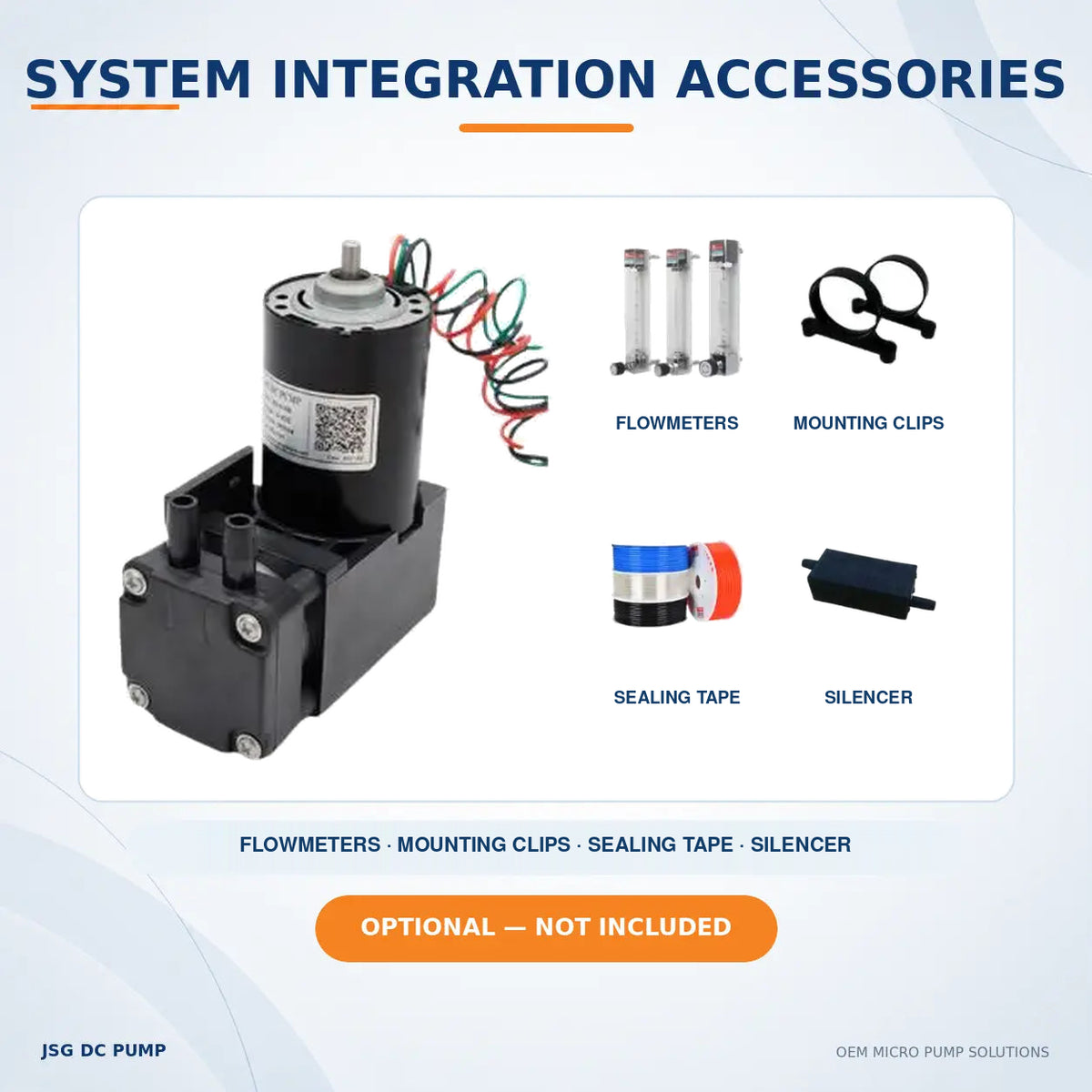 JSG07AB/VB piston pump with optional flowmeters, mounting clips, sealing tape and silencer