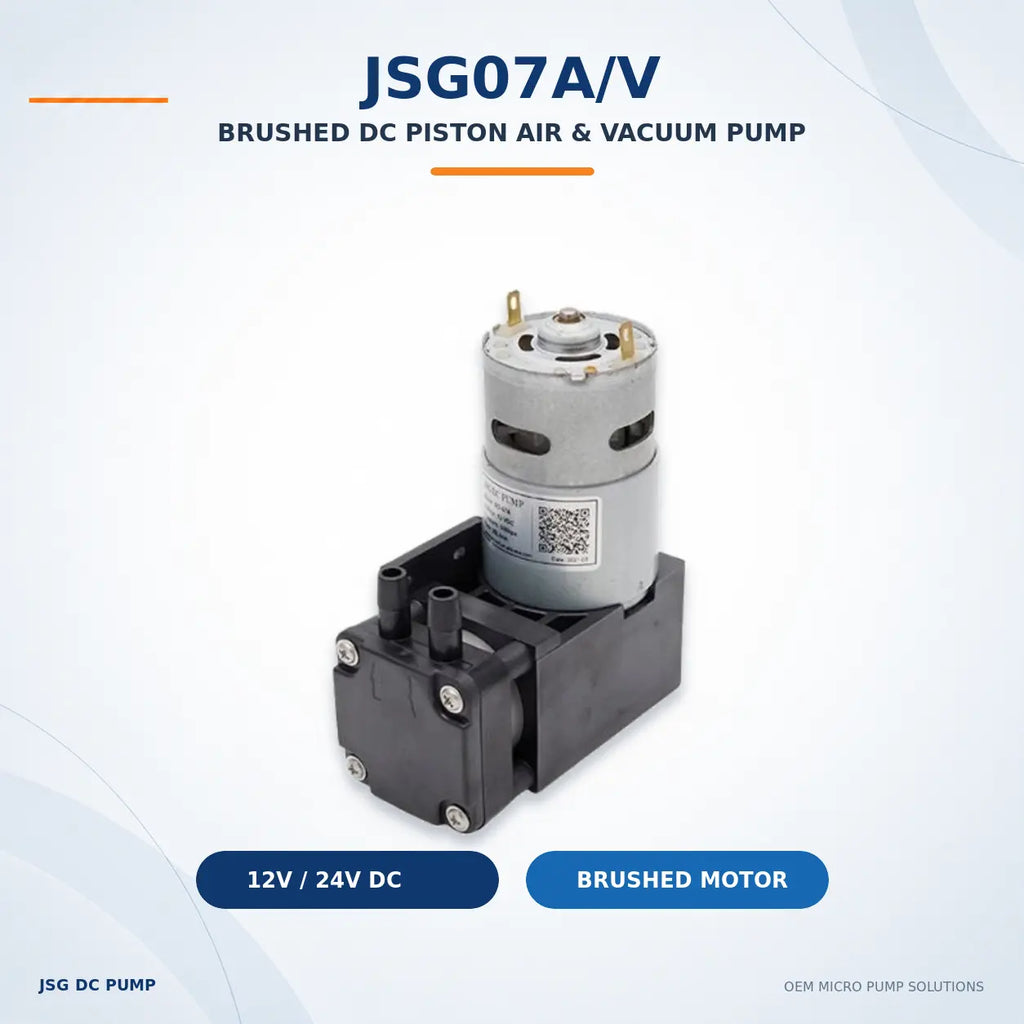 JSG07A/V brushed DC piston air and vacuum pump in a front three-quarter view