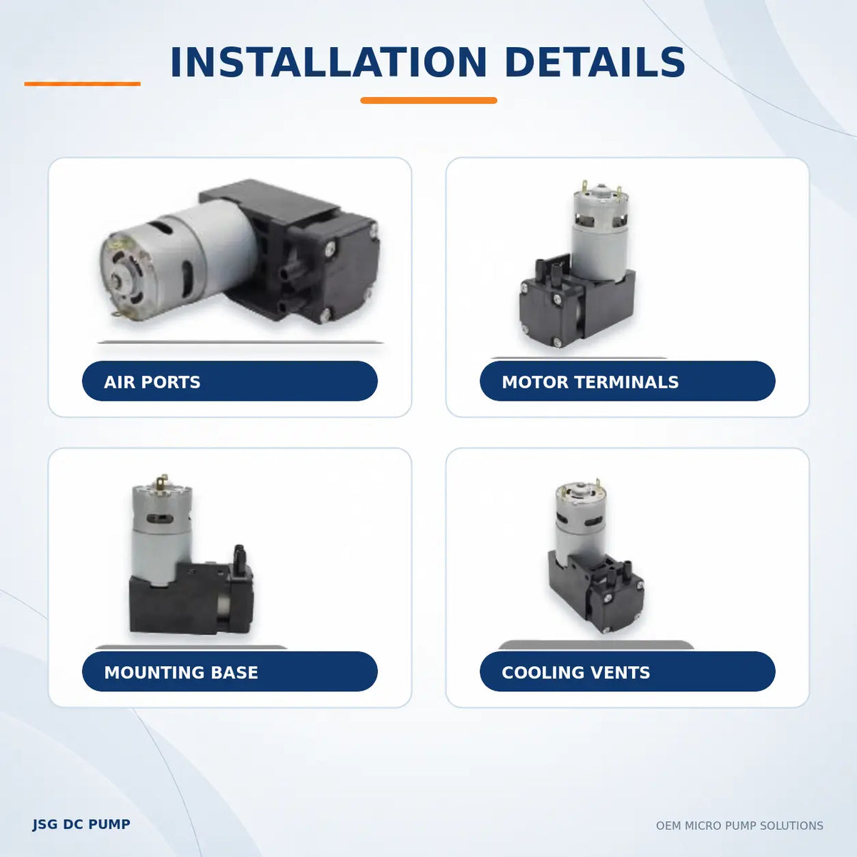 JSG07A/V brushed piston pump air ports, motor terminals, mounting base and cooling-vent details