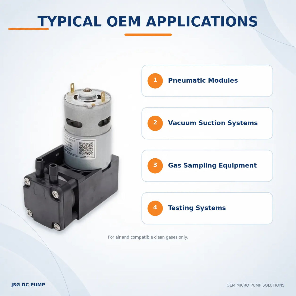 JSG07A/V brushed piston pump applications for pneumatic, vacuum, gas-sampling and testing systems