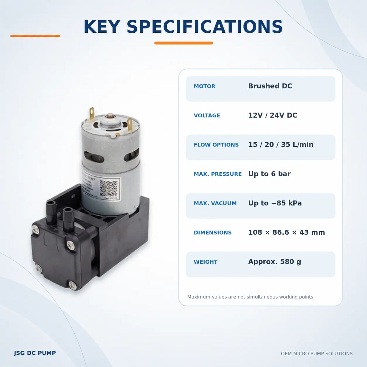 JSG07A/V brushed piston pump model options with flow, pressure, vacuum and dimensions